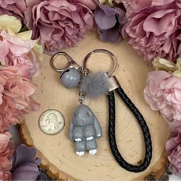 Gray Bunny Charm Keychain with Wristlet Strap - Picture 11 of 13
